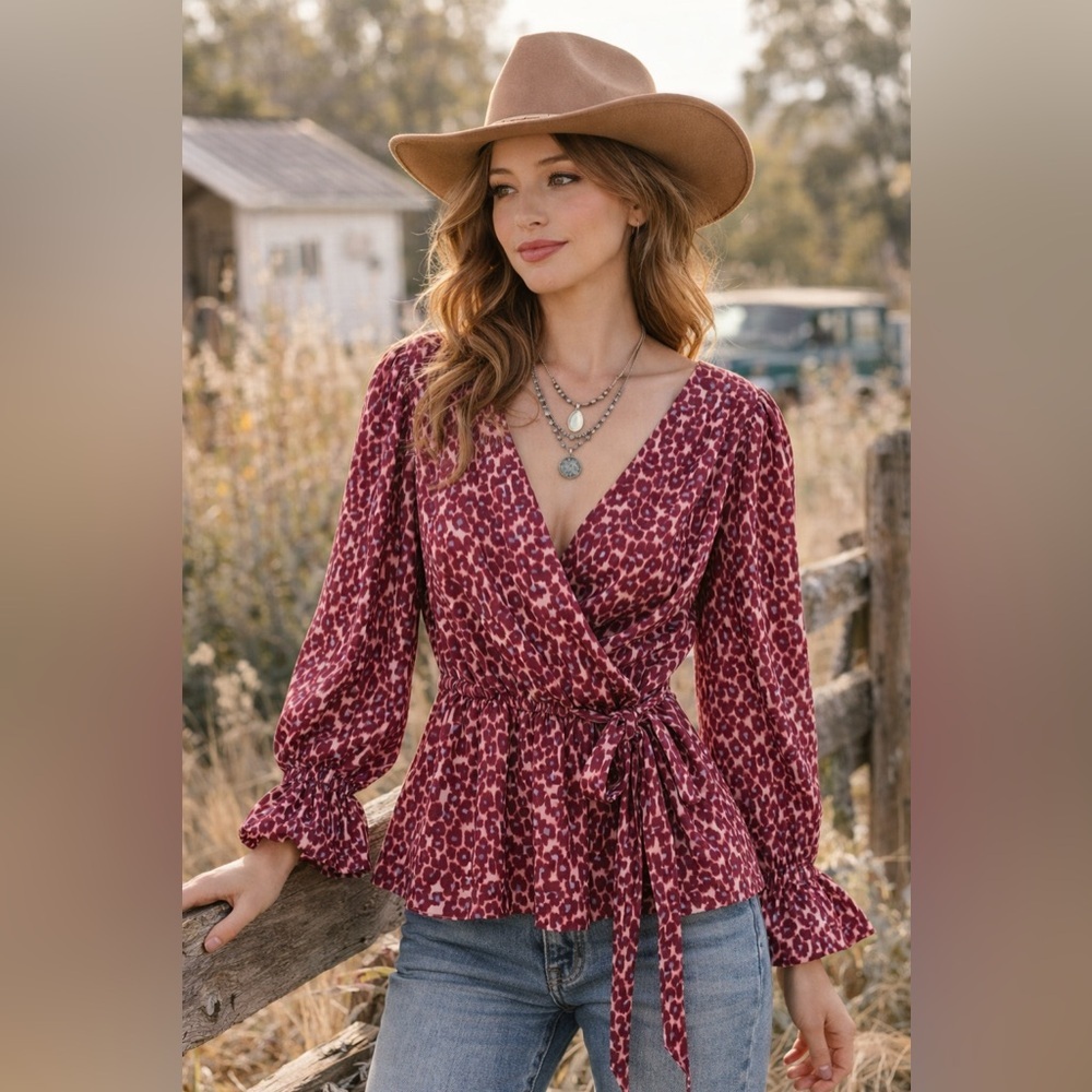 Roper Burgundy Wrap Boho Tie Blouse Size Small